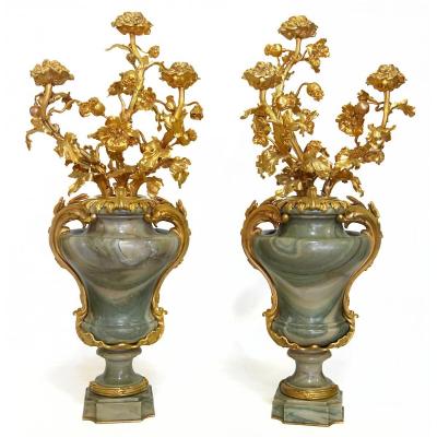Large Pair Of Marble Mounted Bronze Vases, Maison Millet In Paris.
