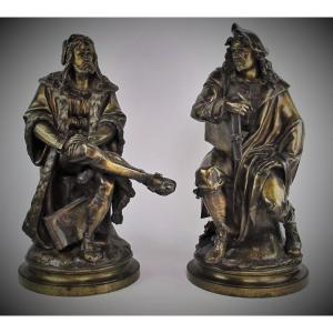 Dürer And Rembrandt, Pair Of Bronze Sculptures By Albert-ernest Carrier-belleuse (1824-1887)