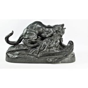"ocelot Carrying A Heron", Bronze By Antoine Louis Barye (1795-1875), French School