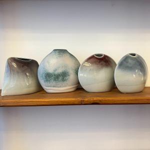 Yves Mohy For Virebent Suite Of 5 Lenticular Porcelain Vases.