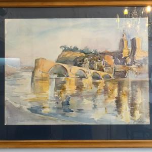 Philippe Mainie, Important Watercolor The Benezet Bridge Avignon.