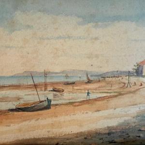 Painting, Watercolor Of A Boat At Low Tide. 