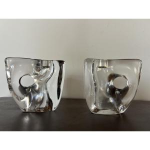 Daum France Pair Of Crystal Candlesticks 