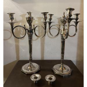 Pair Of Silvered Bronze Hunting Horn Candelabra 
