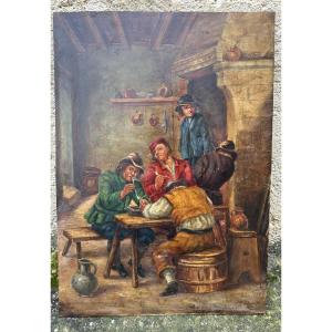 Flemish School Painting Of A Tavern Scene On Copper, 19th Century