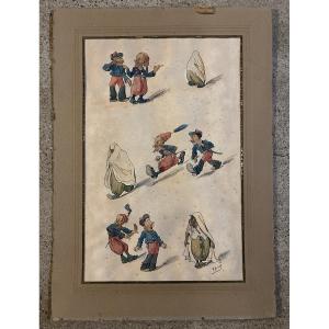 édouard Herzig, Orientalist Watercolor, Algeria, Caricature