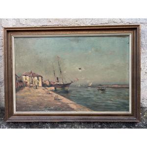 Marine Painting Of A Boat In The Harbor