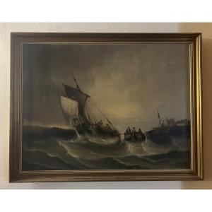 19th-century Marine Painting Of A Rough Sea, Arrival In Port