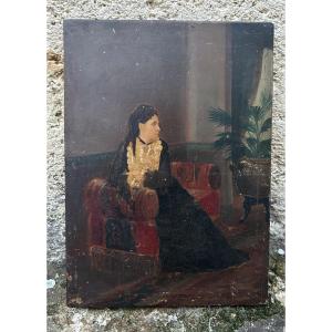 19th-century Painting, Interior View, Portrait Of A Lady With Jewelry 