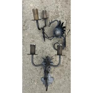 Alessandro Mazzucotelli Pair Of Iron Dragon Sconces Liberty Art Nouveau