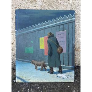 Germain Raingo Lawn Man And His Dog Snow-covered Rue De Paris