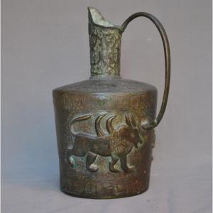 Ewer In Incised Bronze Of Fabulous Animals, Gold Inlays. Persian.