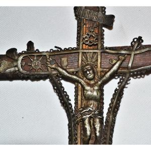 Wooden And Pewter Crucifix. Popular Art Of The 18th Century.