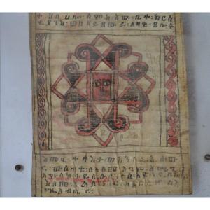 Parchment Painted With Characters And A Stylized Face. Ancient