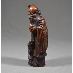 Chinese God Of Longevity, Shou Lao In Carved Bamboo. Qing Dynasty.