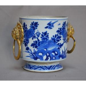 China Porcelain Pot Cobalt Blue Decor, Chinese Gilt Bronze Mount. Kangxi Period.