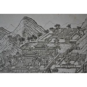 Chinese Palaces And Gardens In A Mountainous Landscape. French Engraving From The 18th Century.