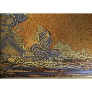 Suzuribako In Lacquer. Lake Landscape In Gold And Silver Maki-e. Kirikane And Nashiji.edo 17th Century