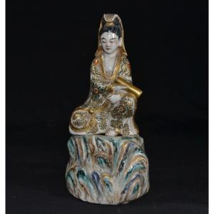 Guanyin In Green, Blue And Red Enamelled Kyoto Sandstone. Gold Details. Japan Edo 19th Century Or Before