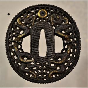 Openwork Iron Tsuba With Dragons, Golden Nunome-zogan. Namban Style. Japan Early Edo. 17th Century.
