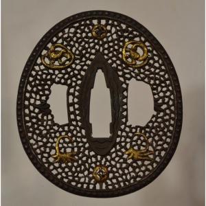 Iron Tsuba Cut With Dragons In The Namban Style. Detail Nunome-zogan.japan Edo 17th Century.