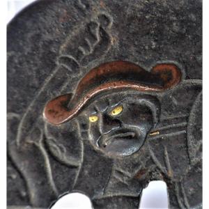 Chiselled And Inlaid Iron Tsuba, Showing The Hero Nitan No Shiro. Japan Edo Period.