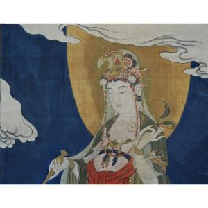 Kakemono. Watercolor On Silk Representing Guanyin. Japan Edo Period