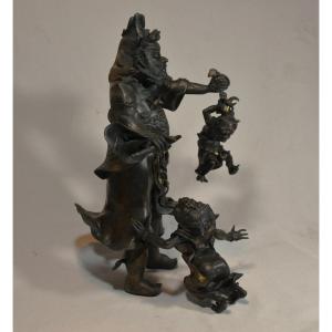 Shoki(chang Kuo) And Demons In Gold-stained Bronze. Edo Japan.