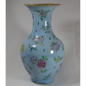 Blue Glazed Stoneware Vase. Floral Decoration. Qing China, 19th Century.
