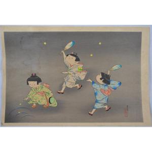 Children And Fireflies Print By Kiyohara. Japan, Showa Period.