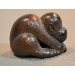 Carved Wooden Monkey. Signed Netsuke. Edo Japan.