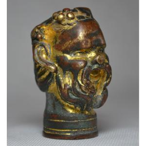 Head Of Bacchus In Gilded Bronze, Italian Renaissance Cane Knob, 16th Century.