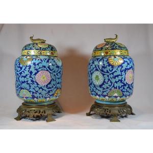 Pair Of Porcelain Vases With Lotus Decoration. China 19th Century.
