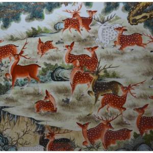 Porcelain Plaque Decorated With 100 Deer. China, Republic Period.  