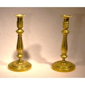 Pair Of Bulbous Gilt Bronze Candlesticks. France, Early 19th Century. Louis XVIII, Charles X