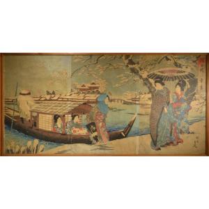 Prints By Kunisada. Triptych. Japan, 19th Century.