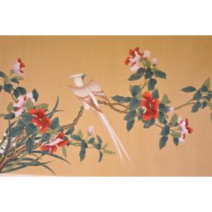 Watercolor On Silk. Bird And Butterflies. China Or Japan, Early 20th Century. 