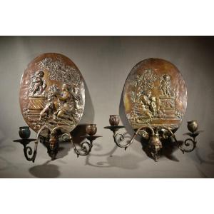 Pair Of Oval Bronze Wall Sconces With Relief Decoration. France, 19th Century. 