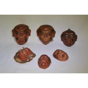 Collection Of 6 Miniature Noh Theatre Masks. Japan Meiji Period Late 19th Century. 