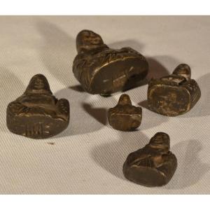 Set Of 5 Bronze Weights Depicting Buddha. China Or Vietnam, 19th Century Or Earlier.