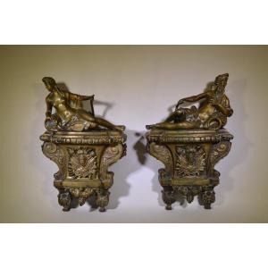 Pair Of Bronze Andirons. Rivers And Streams. Louis XIV Period.