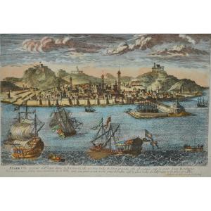 Colored Engraving, View Of Algiers By Aveline. France, Early 18th Century.