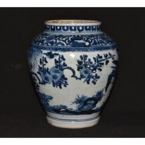 Porcelain Jar With Cobalt Blue Decoration. Arita Kilns Japan 17th Century Circa 1650.