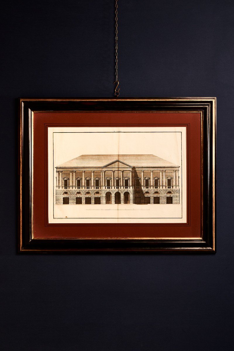Stampa del XIX secolo raffigurante planimetrie, sezioni di edifici classici 