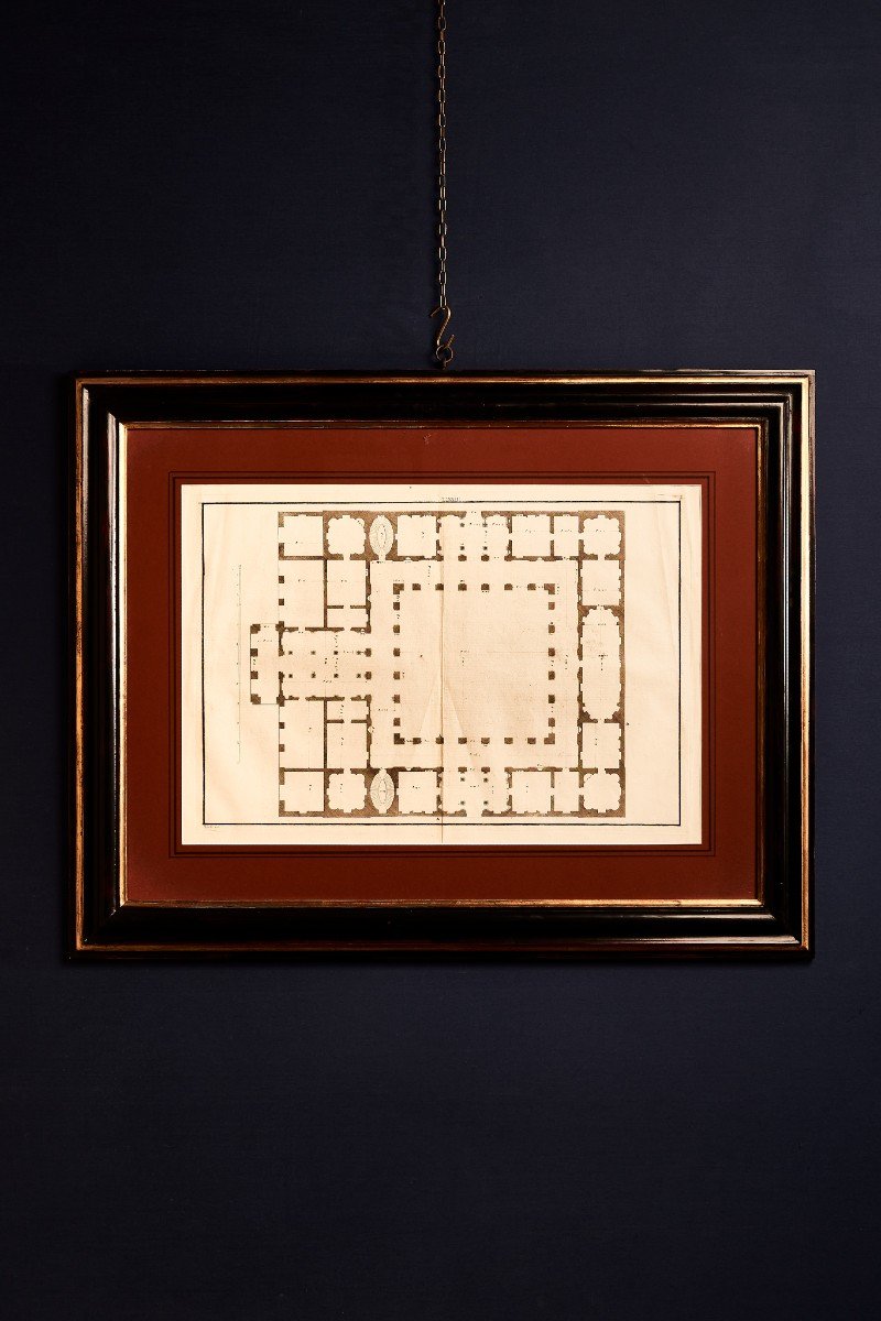 Stampa ottocentesca raffigurante planimetrie, sezioni di ambienti classici