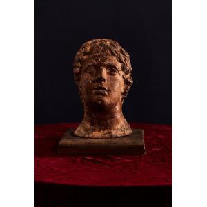 Testa di giovane uomo in terracotta a forma di mezzo busto del IV-III secolo a.C.