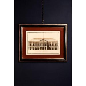 XIX secolo Serie di cinque stampe raffiguranti planimetrie, sezioni di edifici classici 