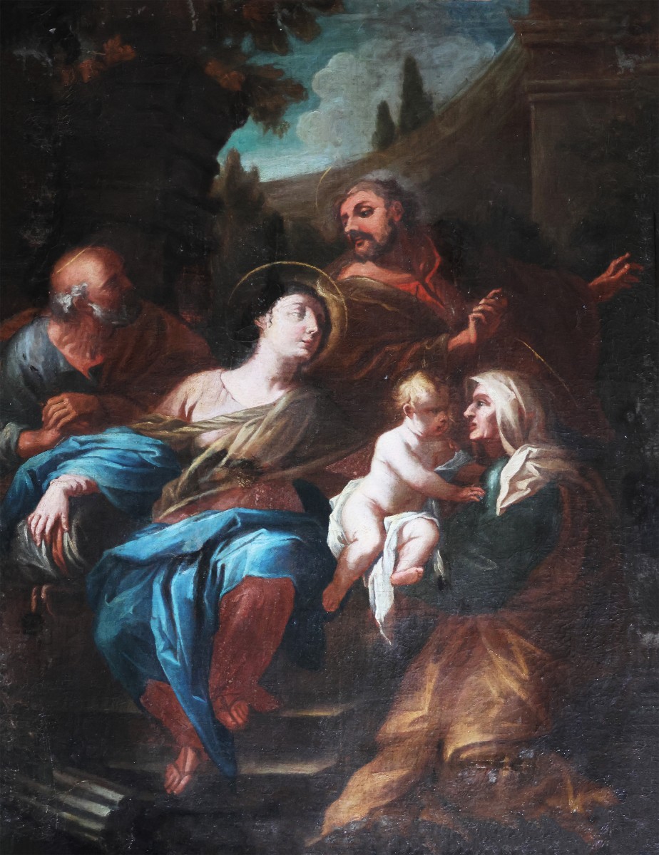 Scuola Italiana; Sacra Famiglia con Sant'Anna, XVII-XVIII secolo, olio su tela