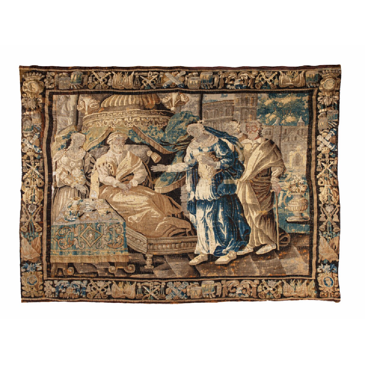 Arazzo raffigurante scena entro cornice a motivi, manifattura Aubusson, Francia, XVIII secolo