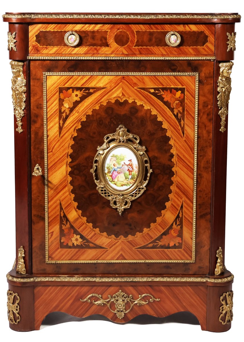 Credenza in legno, intarsi in varie essenze, placche in porcellana, Francia, fine XIX secolo-photo-2